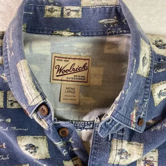 Vintage Woolrich Short Sleeve Shirt‎ Button Up Fish Design Men’s Size Large USA - Picture 2 of 5